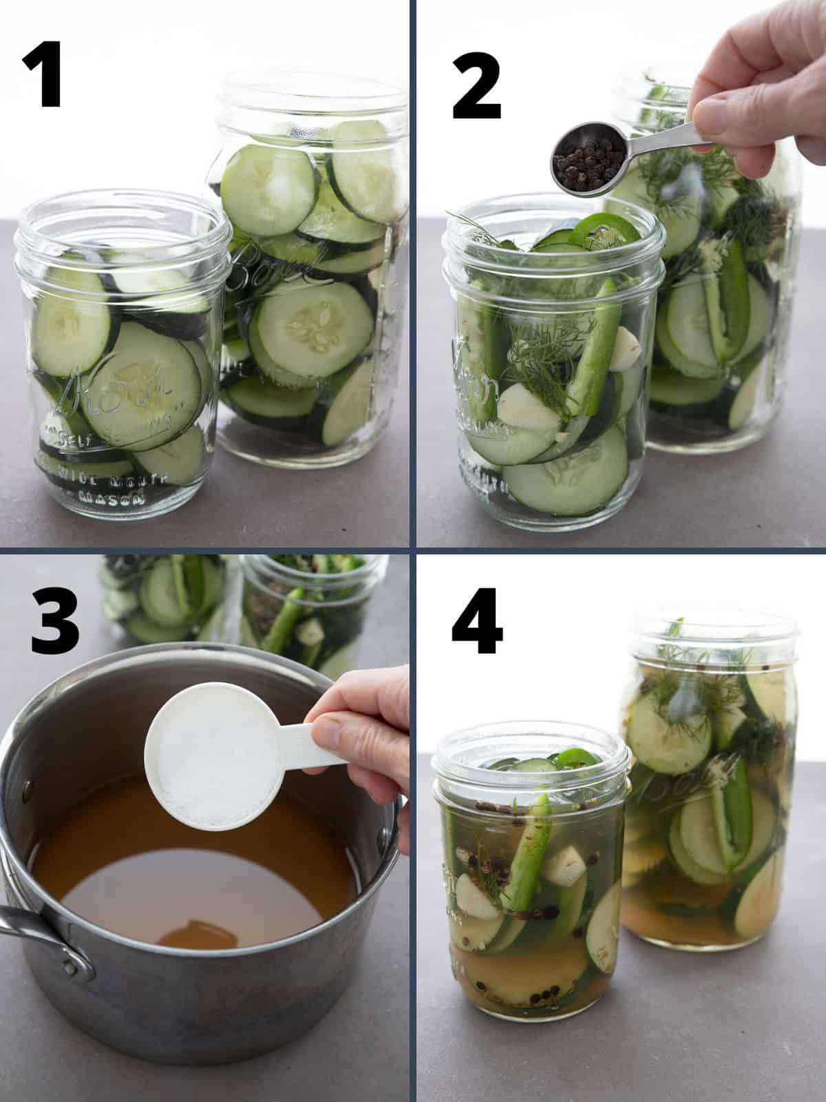 A collage of 4 images showing how to make Refrigerator Pickles.