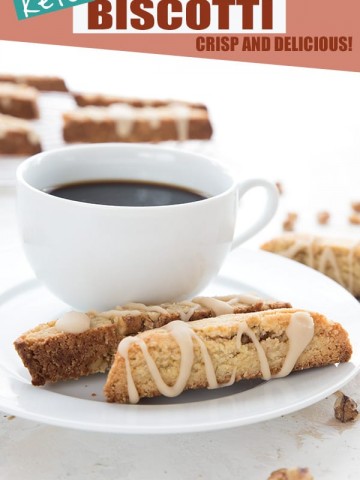 Keto maple walnut biscotti with a cup of coffee