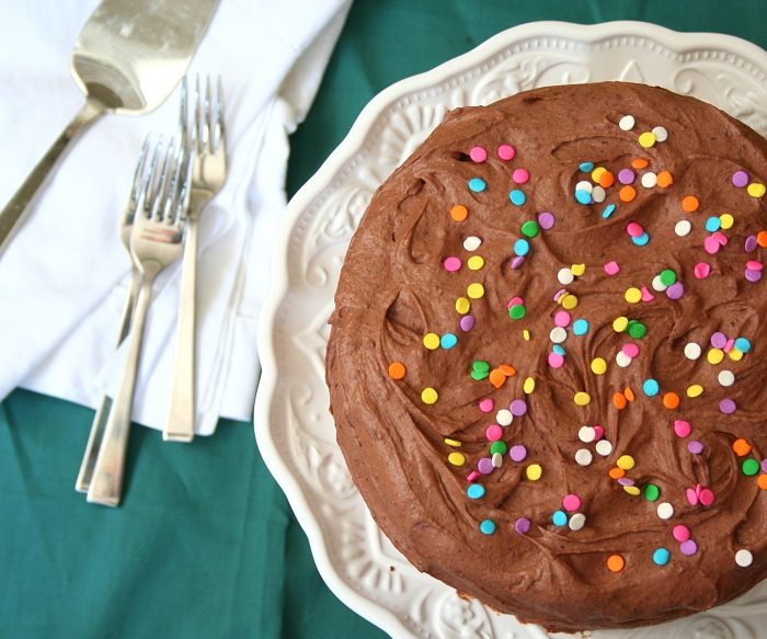overhead image of a Low Carb Chocolate Birthday Cake with Sprinkles