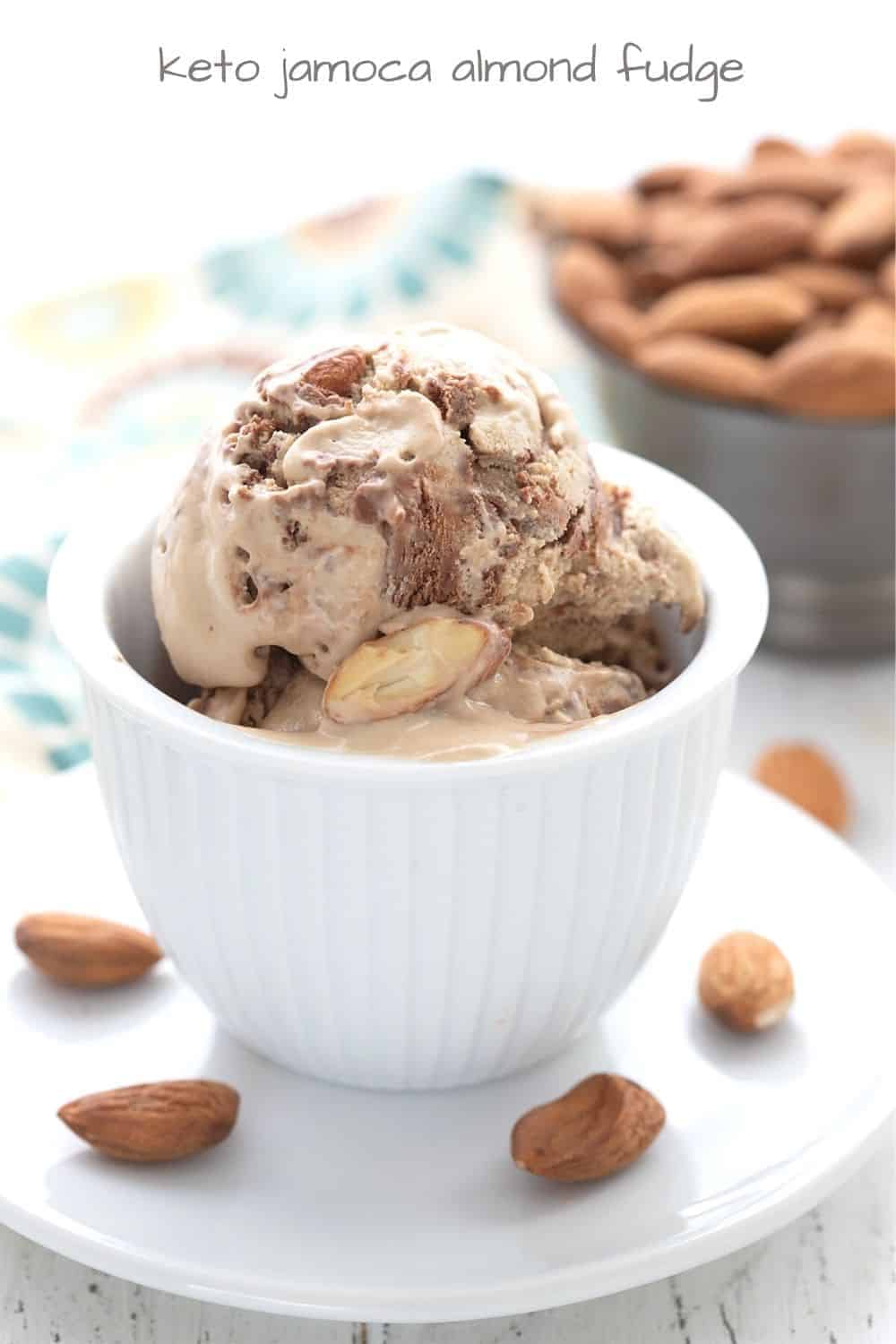 Titled image of keto mocha fudge ice cream in a white bowl, with a bowl of almonds in the background.