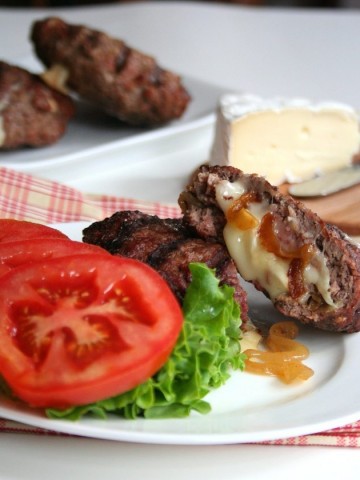 Low Carb Brie and Caramelized Onion Stuffed Burger