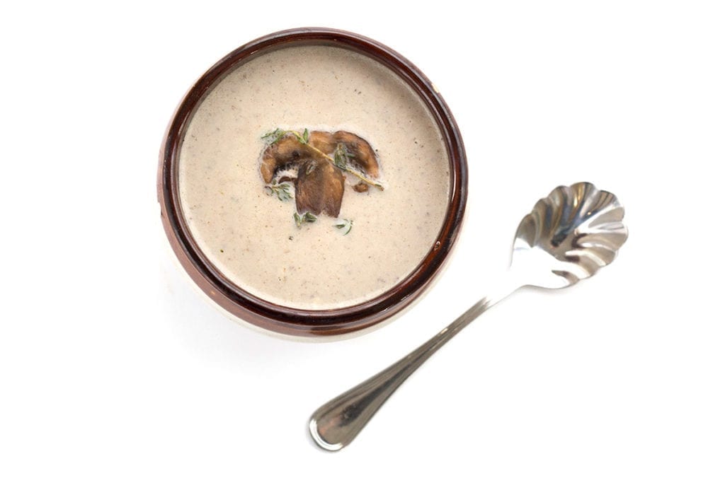 Low carb Cream of Mushroom Soup - overhead shot with a spoon