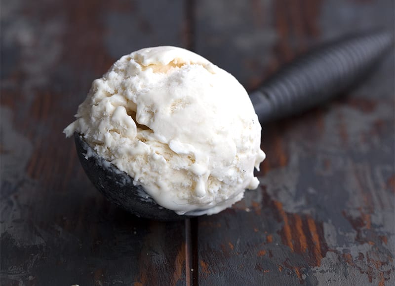 Close up of keto vanilla ice cream in an ice cream scoop