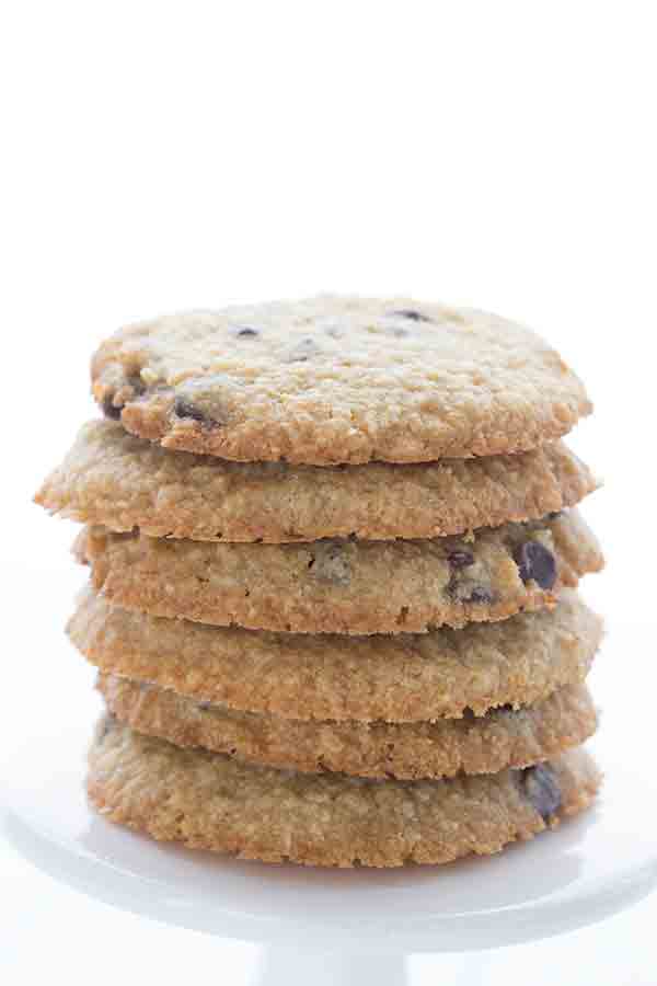 a stack of 6 low carb chocolate chip cookies on a white plate