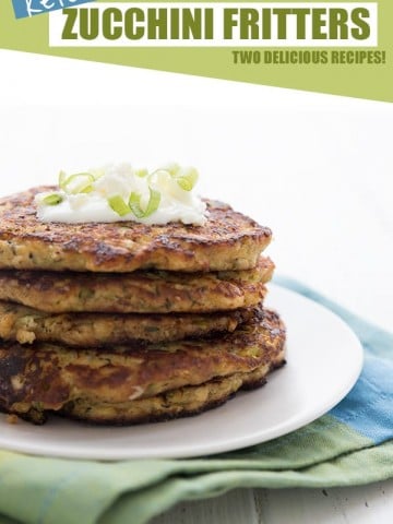A stack of keto zucchini fritters on a white plate with a green and blue napkin