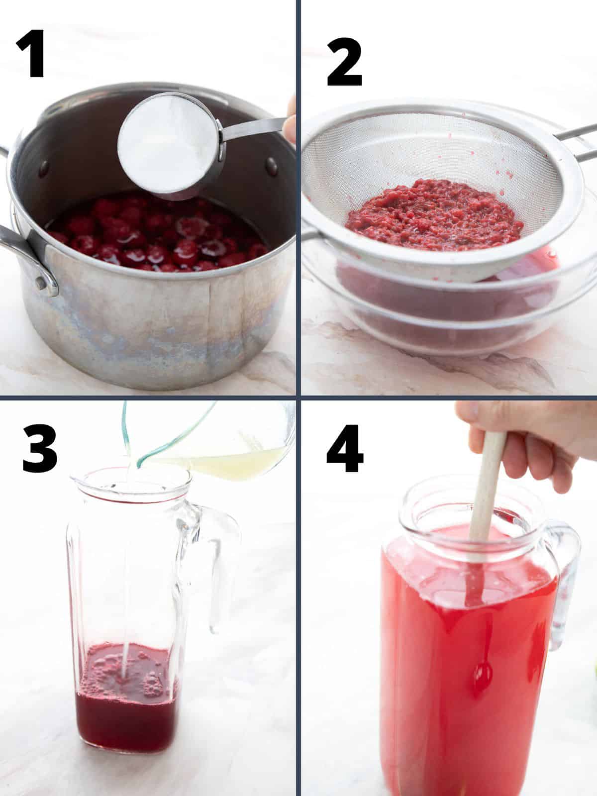 A collage of four images showing how to make Sugar-Free Raspberry Limeade.