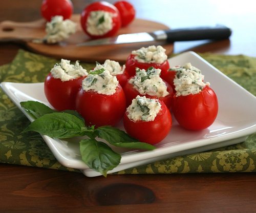 Cherry Tomatoes Stuffed with Goat Cheese and Herbs