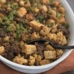 Up close of keto stuffing in a pan
