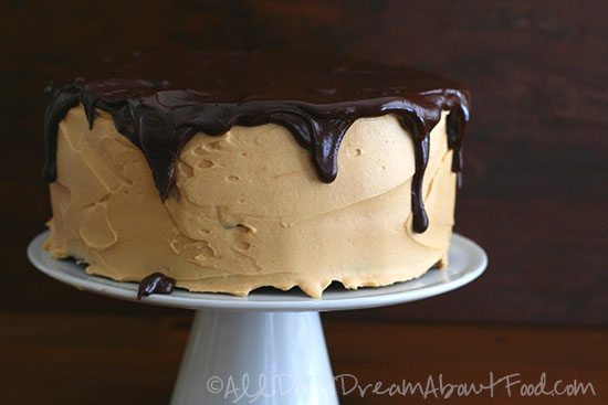 low carb chocolate peanut butter layer cake topped with sugar-free chocolate ganache
