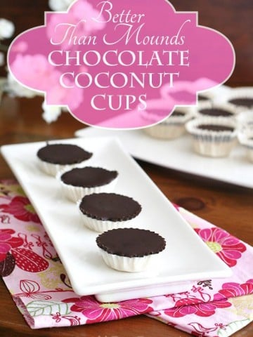Low Carb Chocolate Coconut Cups arranged on a white platter
