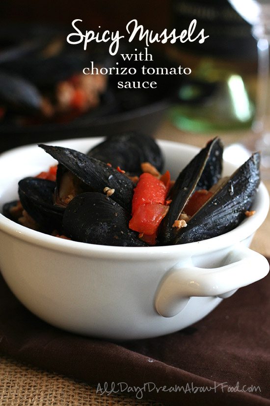 spicy mussels in tomato chorizo broth