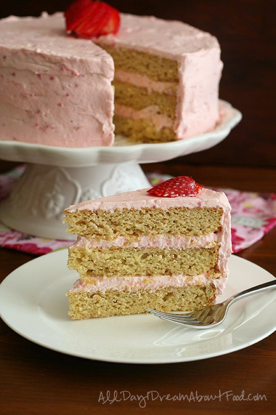 Sugar Free Low Carb Lemon Cake with Strawberry Cream Cheese Frosting
