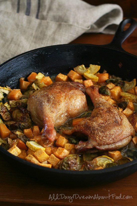 Paleo Low Carb Braised Duck Legs with Rutabaga and Brussels Sprouts