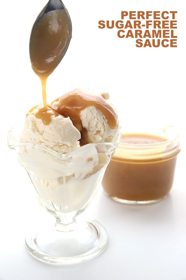 Sugar free caramel sauce being drizzled over low carb vanilla ice cream