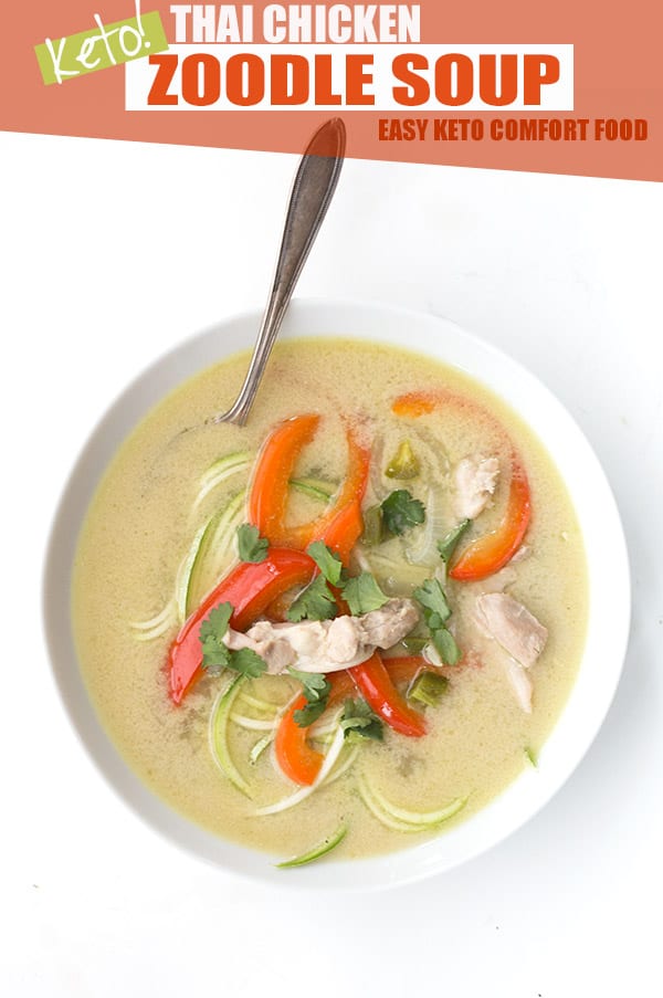 Easy thai chicken soup in a white bowl with a spoon