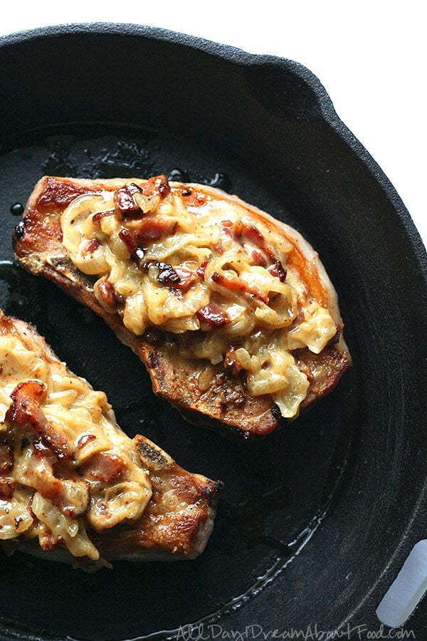 skillet pork chops smothered with bacon and caramelized onions
