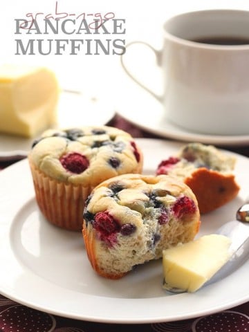 titled image (and shown): Grab 'n Go Pancake Muffins (sitting on a plate next to a mug of coffee)