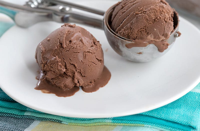 Two scoops of low carb chocolate ice cream on a white plate. 