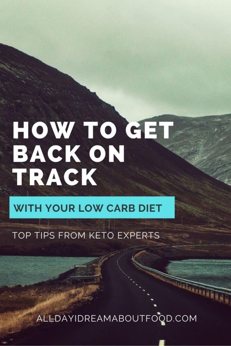 Titled image: A long road stretches out, with the words "How to get back on track with your low carb diet" overtop