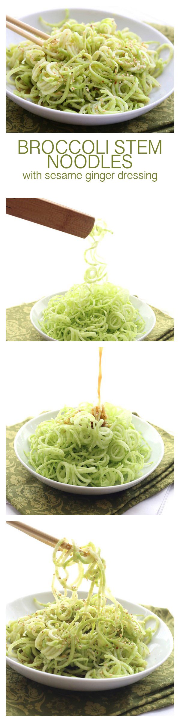 Low carb noodles made from broccoli stalks and topped with a spicy ginger sesame dressing. A healthy summer side dish or salad.