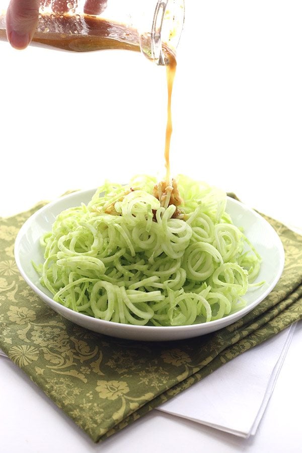 Delicious low carb keto noodle salad with broccoli stems and sesame ginger dressing