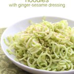 Low Carb Noodles made from broccoli stems, with a spicy ginger sesame dressing. A delicious salad or side dish.