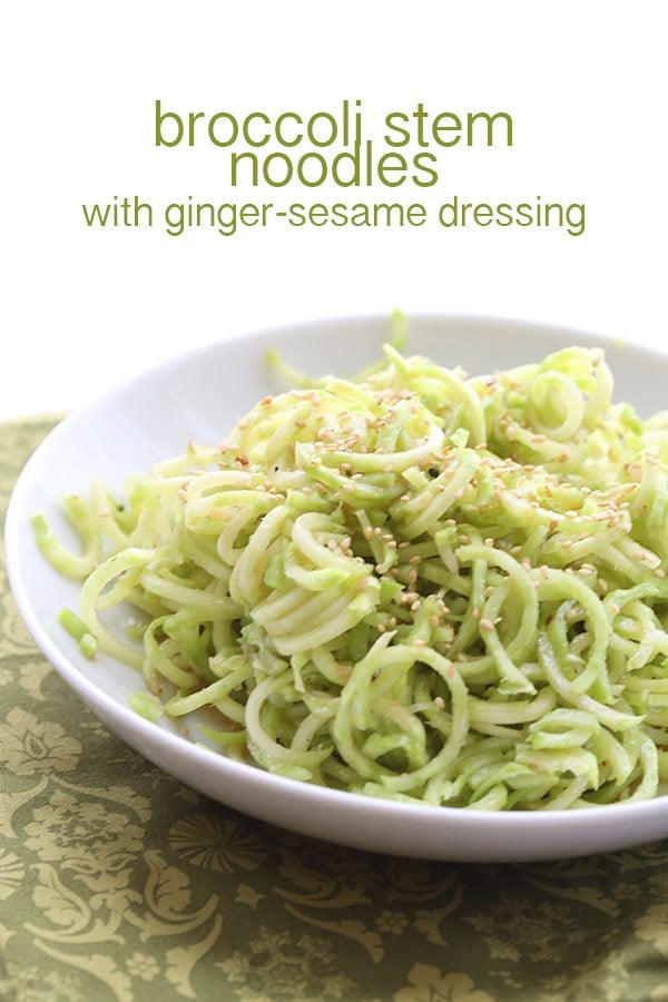Low Carb Noodles made from broccoli stems, with a spicy ginger sesame dressing. A delicious salad or side dish.