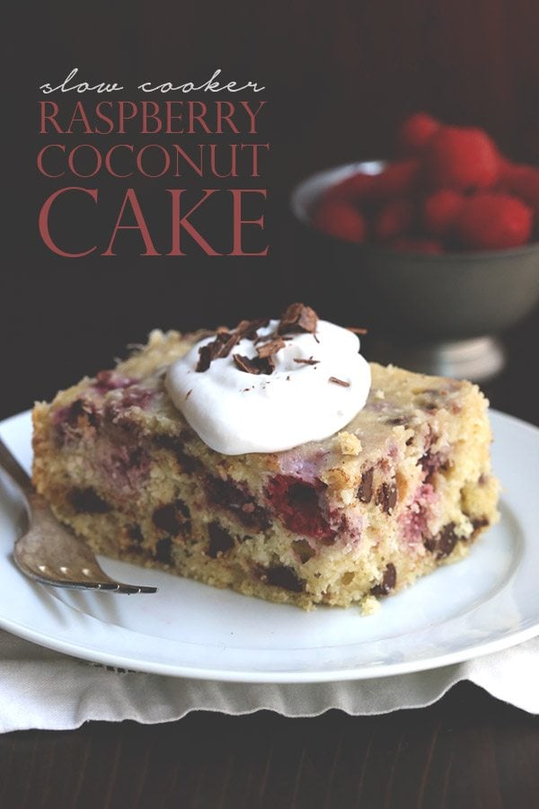 Low Carb Slow Cooker Coconut Cake with Raspberries and Dark Chocolate