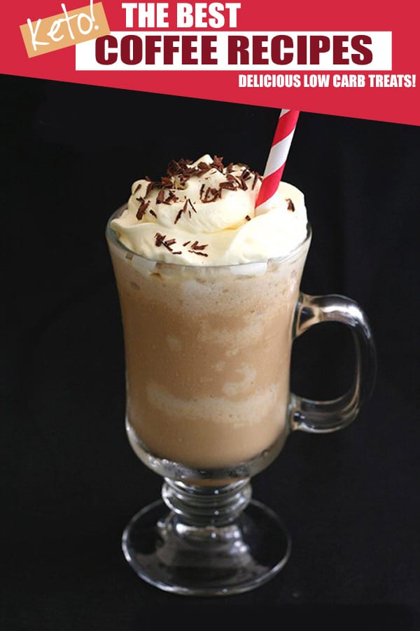 Keto Caramel Frappuccino in a clear glass on a black background. A red striped straw in the top.