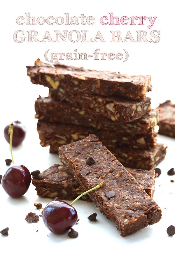 Low carb grain-free granola bars with cocoa powder, chocolate chips and cherry extract