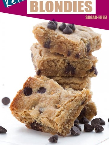 Brown butter blondies in a stack with chocolate chips