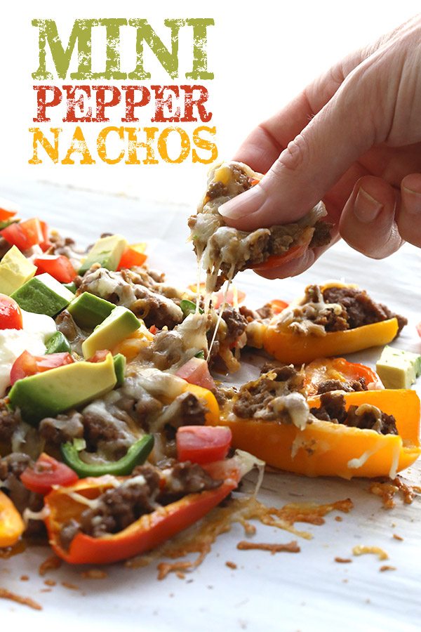 Low Carb Nachos made with mini peppers. A healthy take on a family favorite!