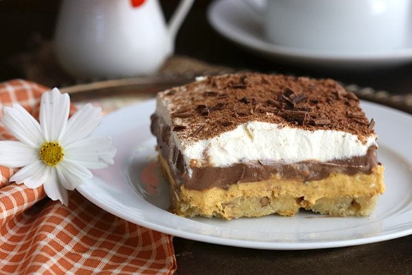 a slice of sugar-free pumpkin chocolate layered dessert known as Sex in a Pan