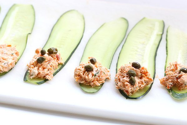 Easy smoked salmon cucumber appetizer with cream cheese. Low carb and gluten-free.