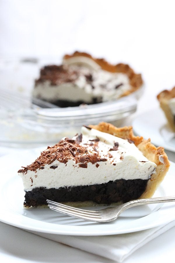 Best low carb chocolate pie with a brownie filling and a grain-free almond flour crust.