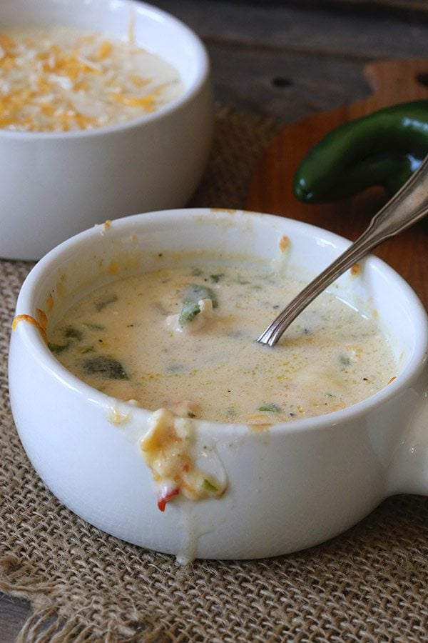 This is a must make low-carb soup, creamy, velvety, with roasted poblanos, chicken and cheese.