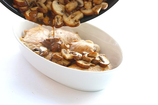 A great low carb keto recipe! Chicken smothered in mushrooms and melted Gruyere cheese.