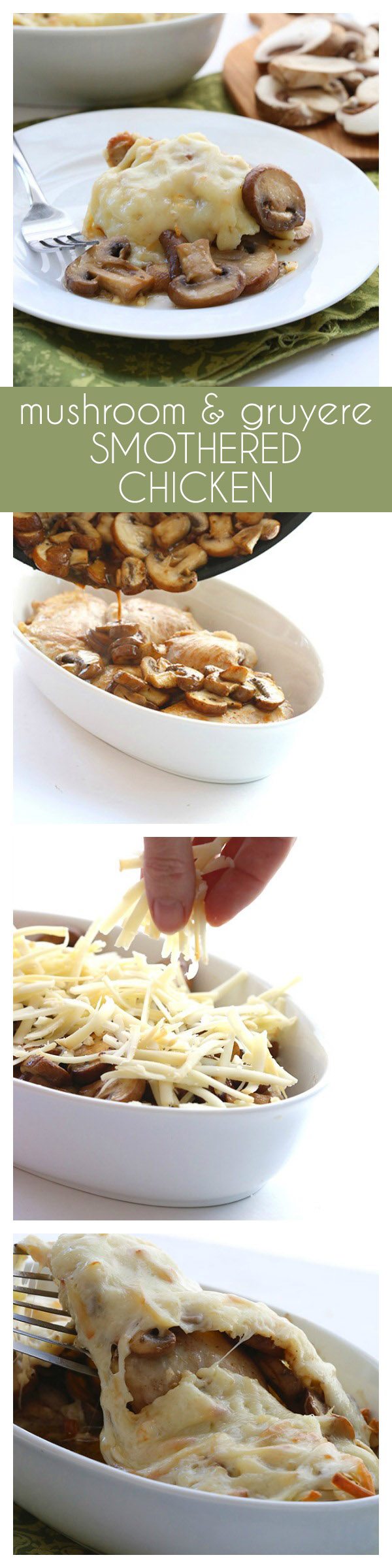 The best low carb dinner recipe! Browned chicken thighs smothered in sautéed mushrooms and cheese and baked to perfection.