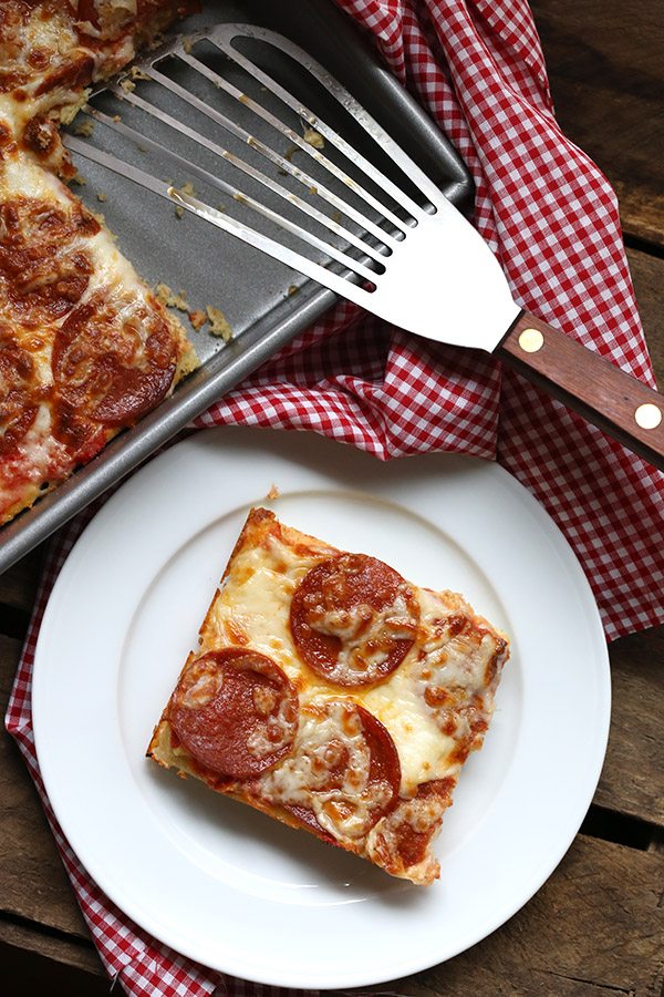 Easy low carb pan pizza with THM and grain-free options. 
