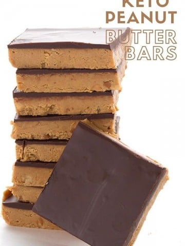 A stack of keto peanut butter bars on a white background, with the title in the lefthand top corner