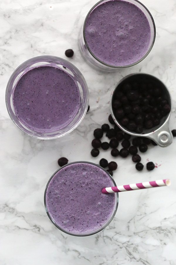 Healthy smoothies made with blueberries, coconut milk and chia seed. Dairy-free and vegan options.
