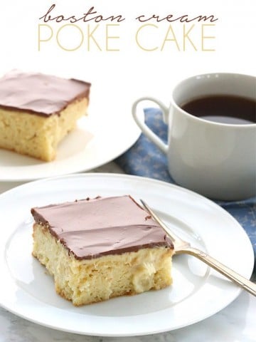 This low carb Boston Cream Poke Cake is oozing with sugar-free vanilla pastry cream and topped with a rich chocolate ganache.