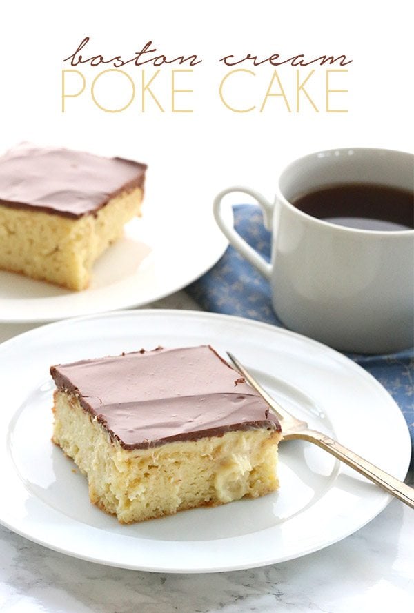 This low carb Boston Cream Poke Cake is oozing with sugar-free vanilla pastry cream and topped with a rich chocolate ganache.
