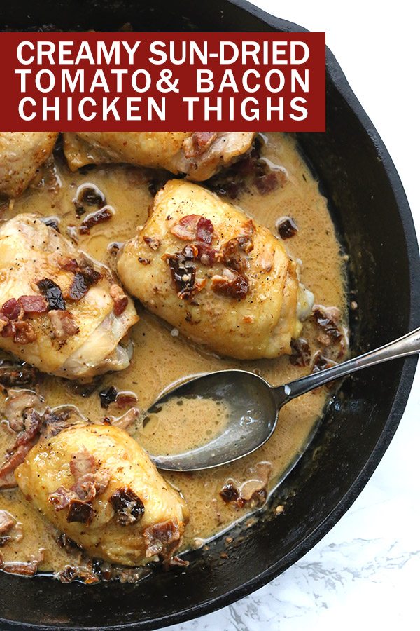 A delicious keto dinner recipe: pan-seared chicken thighs with a creamy sun-dried tomato bacon sauce.