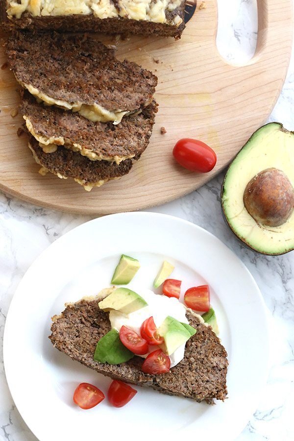 Healthy grain-free meatloaf with taco seasoning. Like two of your favorite dinners in one! Low carb and grain-free.