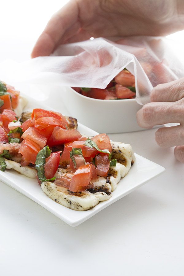 Try halloumi, the Cyprus grilling cheese, as a base for your favorite bruschetta topping. Low carb and grain-free.