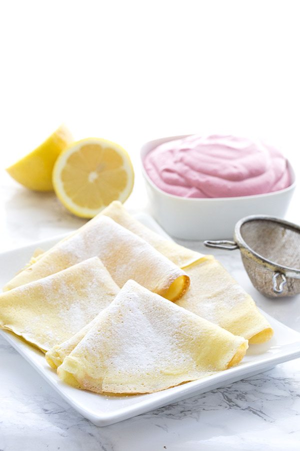 Delicious low carb, sugar-free Mother's Day Brunch recipe. Lemony crepes with raspberry cream cheese.