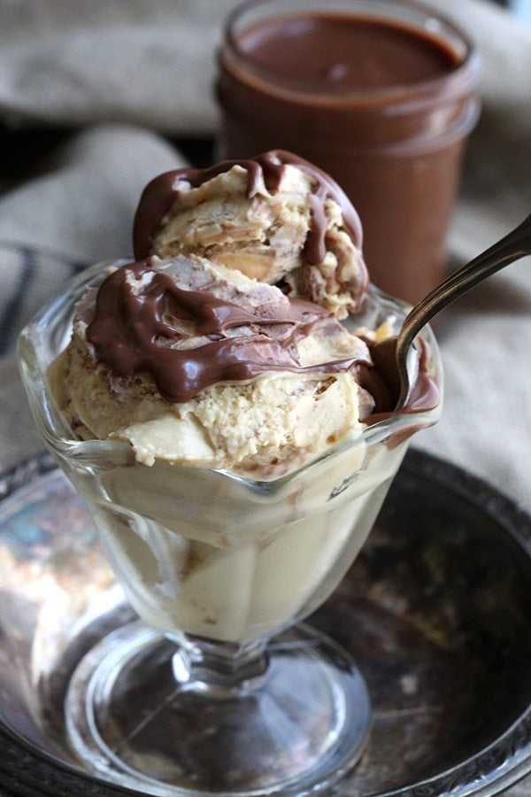 Low carb sugar-free peanut butter ice cream with a rich fudge swirl