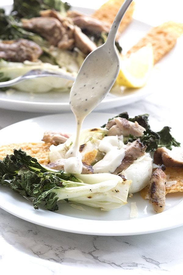 Easy low carb summer dinner idea: grilled bok choy and chicken caesar salad