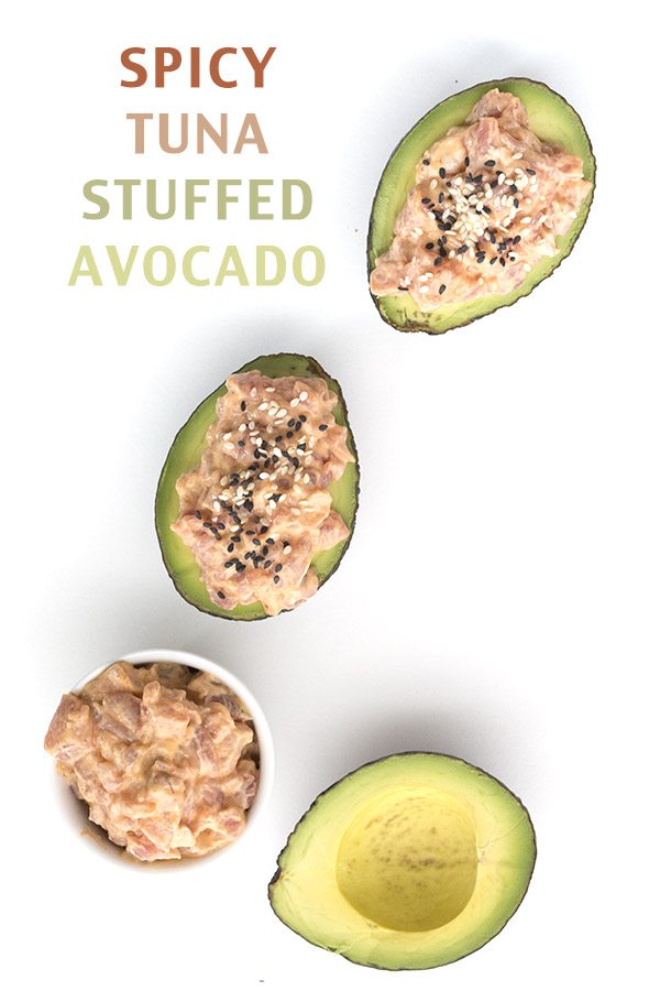 Easy low carb stuffed avocado recipe. Spicy tuna is healthy and delicious. THM LCHF paleo recipe